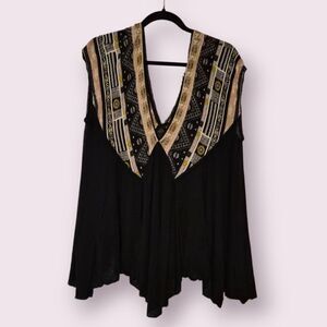 Free People Black Trapeze Slub Tee Top Tunic Shirt Size M relaxed Deep V | EUC